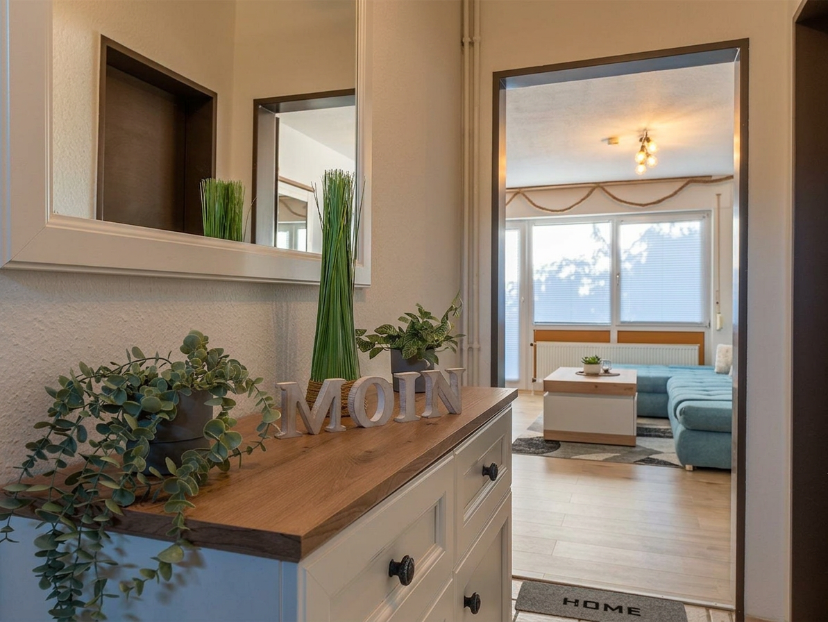 Flur mit Kommode, Spiegel, grünen Pflanzen und Blick in ein Wohnzimmer mit Sofa und Fenster