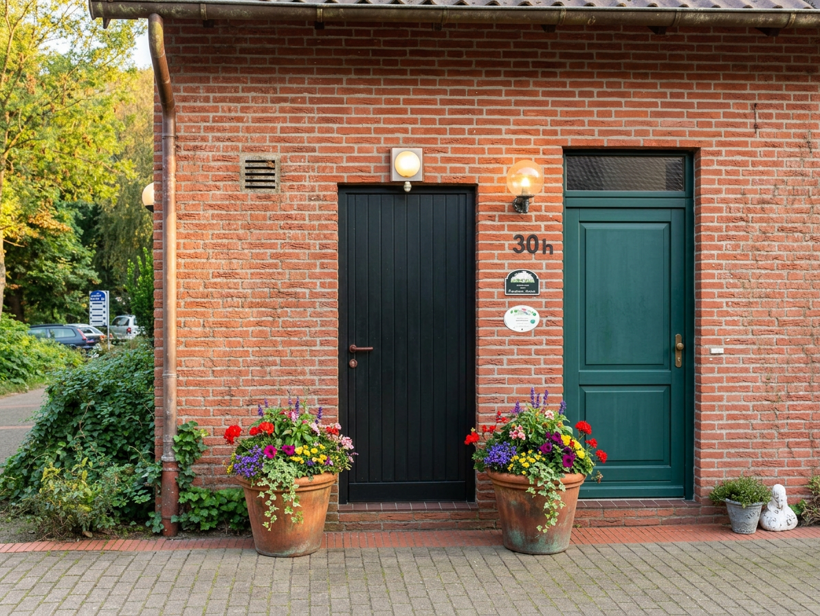 Zwei nebeneinanderliegende Haustüren in einem roten Backsteinhaus, links eine schwarze Tür mit rechteckigen Vertiefungen, rechts eine grüne Tür mit Oberlicht, davor große Blumentöpfe mit bunten Blumen