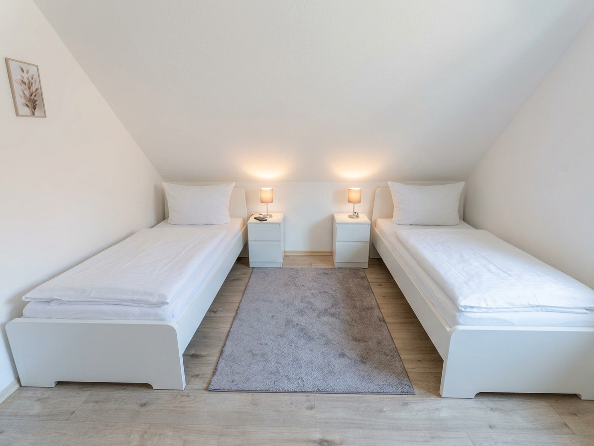 Zwei weiße Einzelbetten mit weißen Bettdecken und Kissen stehen in einem hellen Zimmer mit grauem Teppich und zwei Nachttischen mit Lampen dazwischen