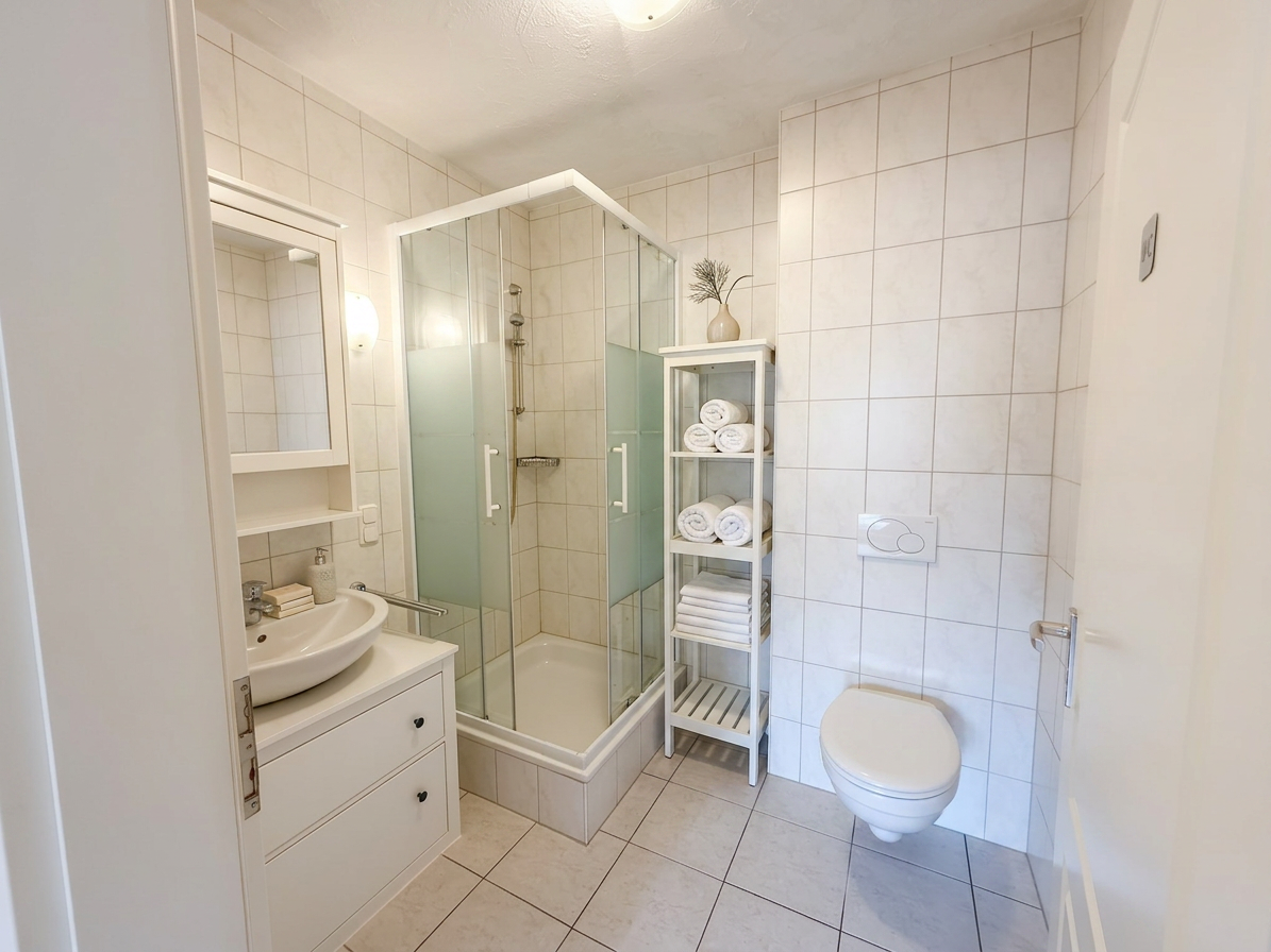 Helles Badezimmer mit Dusche, Waschbecken, Wandtoilette und offenem Regal mit Handtüchern in der Ferienwohnung Etta in Dangast