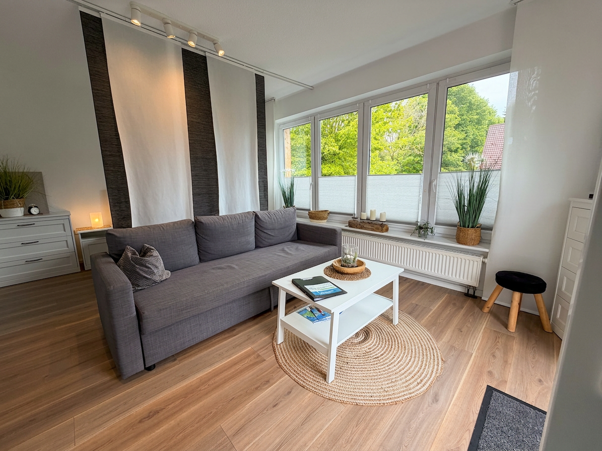Wohnzimmer der Ferienwohnung Etta mit grauem Sofa, weißem Couchtisch auf rundem Teppich vor großen Fenstern mit Blick auf grüne Bäume