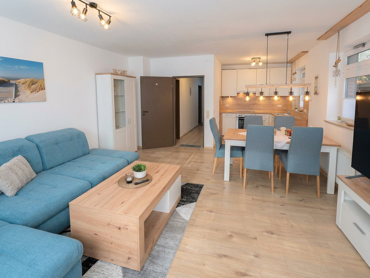 Wohnzimmer mit blauem Sofa, hellem Holztisch, Esstisch mit blauen Stühlen und offener Küche mit Holzrückwand